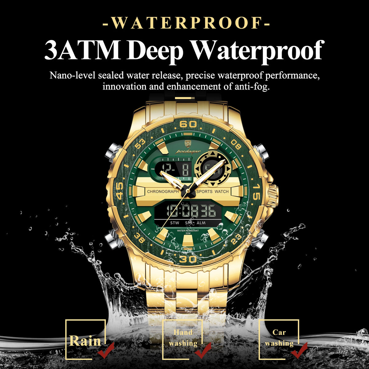 Poedagar E122 Men's Digital Watch Sports Analog-Digital Quartz Watches Stainless Steel Waterproof Luminous Wristwatch for Men