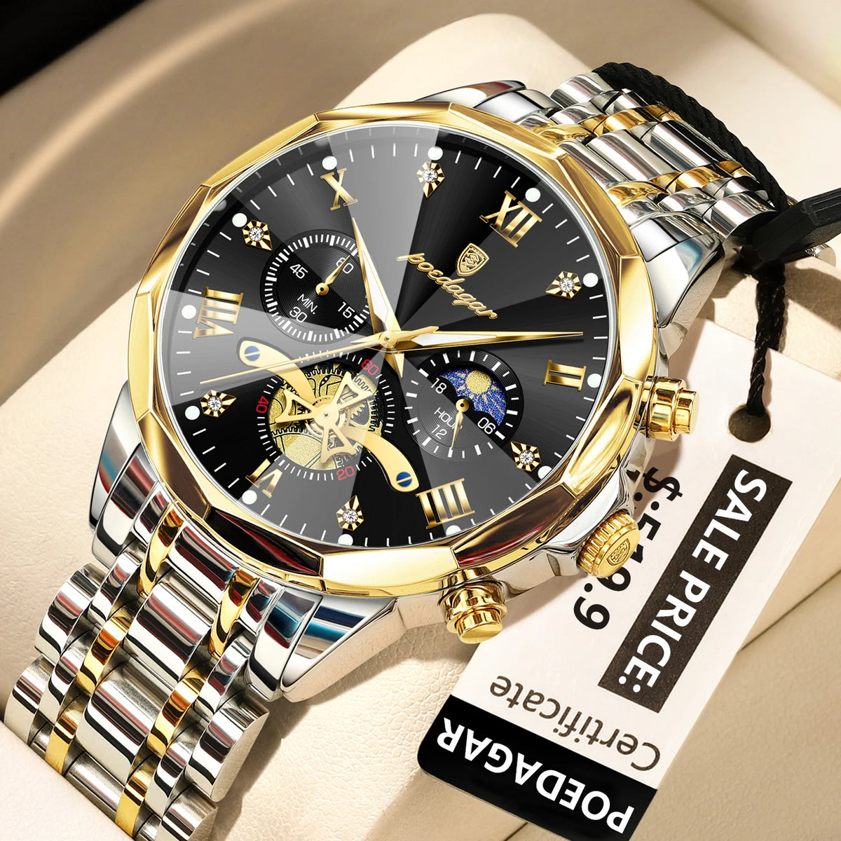 Poedagar 938 Men's Luxury Stainless Steel Chronograph Quartz Watch Waterproof Luminous with 42mm Alloy Dial Watch for Men
