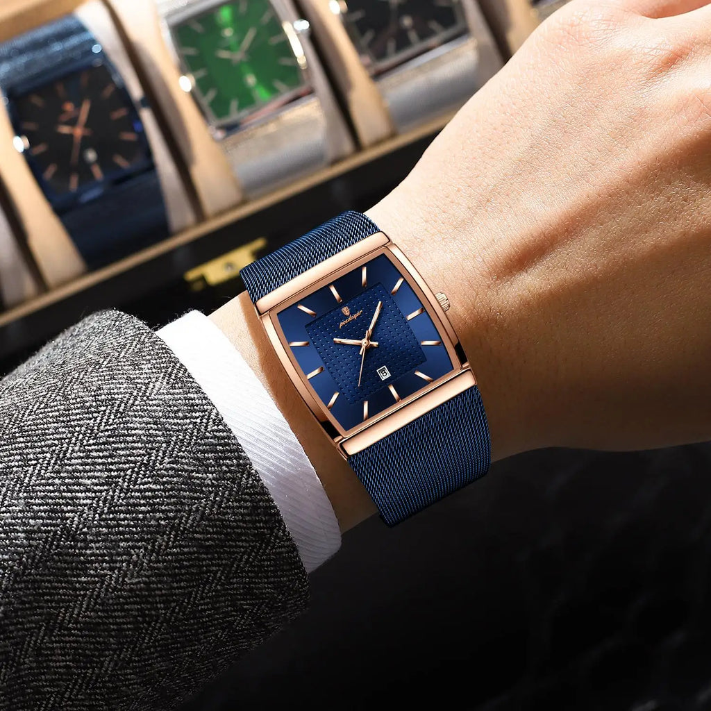 Poedagar 885 Men's Stainless Steel Mesh Quartz Watch Luminous Date Display Waterproof Luxury Fashion Watch Square Watch for Men