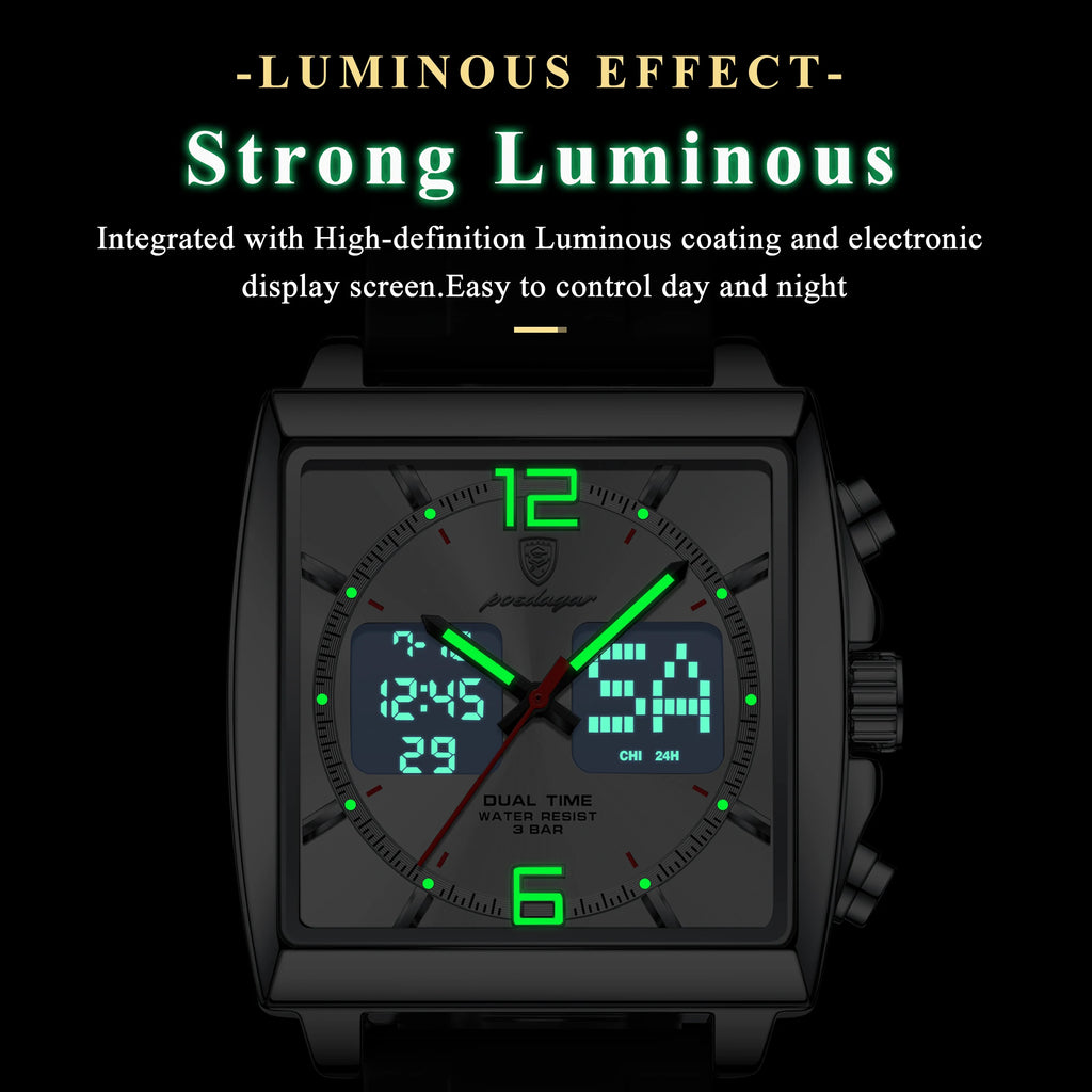 Poedagar E109 Quartz Watches Dual Display Chronograph Silicone Strap Reloj Luminous Waterproof Alarm Watch for Men Outdoor Sport