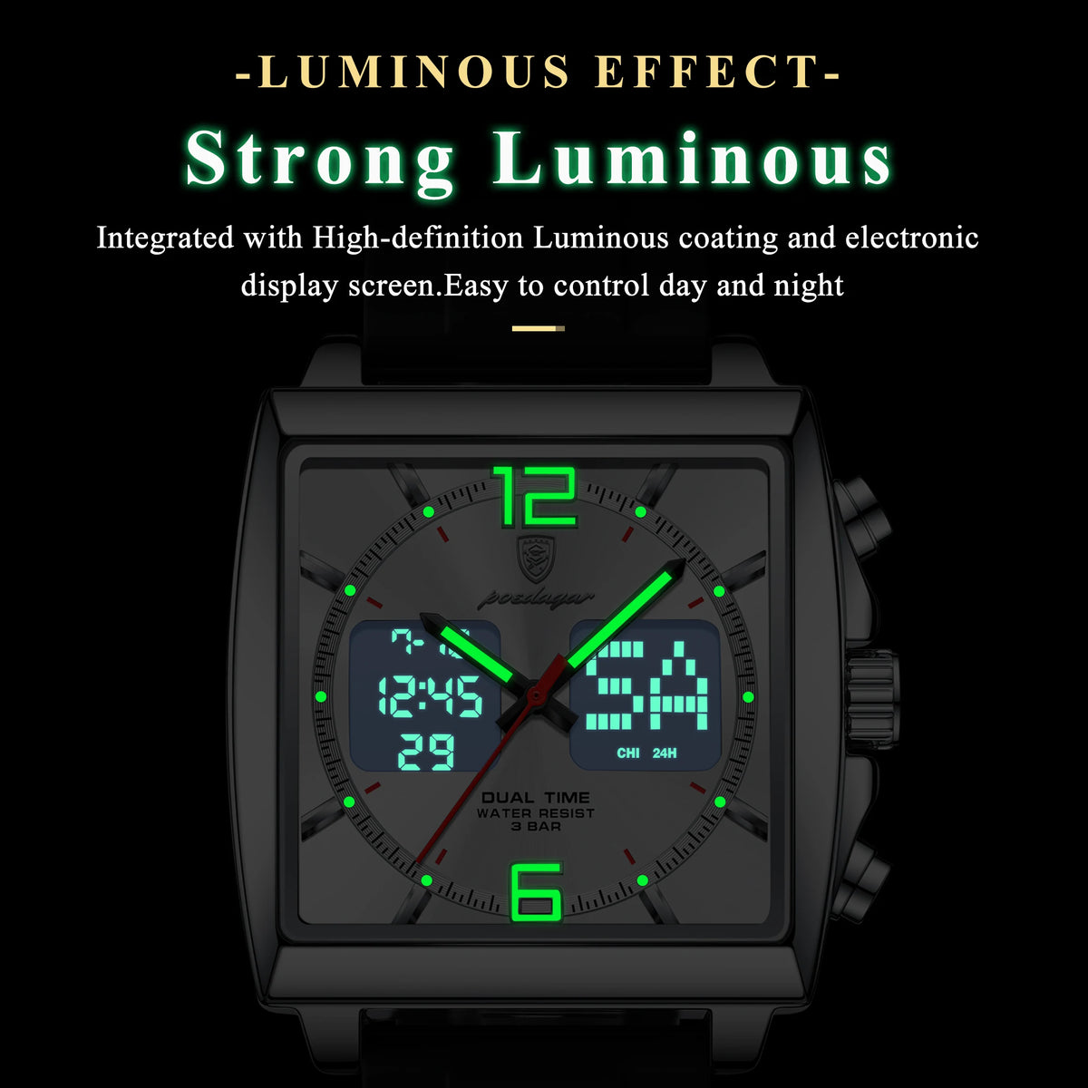 Poedagar E109 Quartz Watches Dual Display Chronograph Silicone Strap Reloj Luminous Waterproof Alarm Watch for Men Outdoor Sport