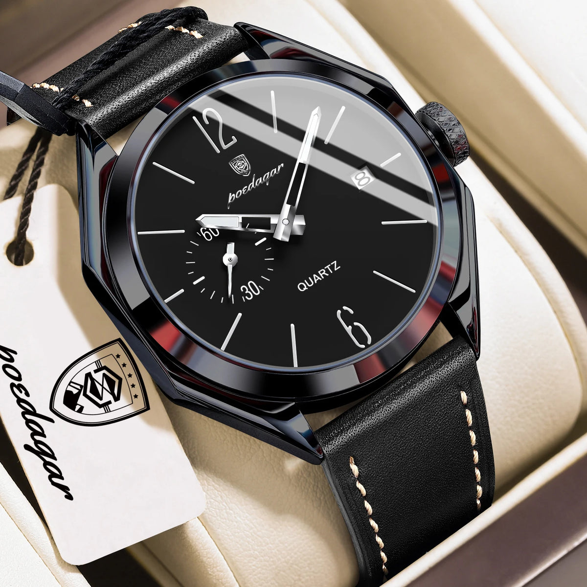 Poedagar 689 Luxury Mens Quartz Watch Geometric Dial Waterproof Leather Strap Casual Wristwatch Wholesale Relogio Masculino