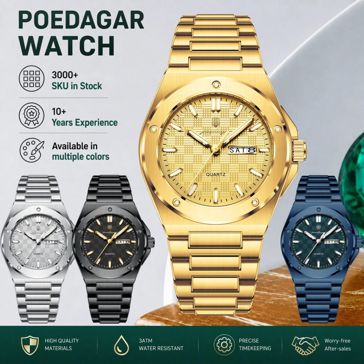 Poedagar 696 Luxury Mens Watch All Gold Stainless Steel Quartz Watches Luminous Waterproof Date Wristwatch for Man Factory Reloj
