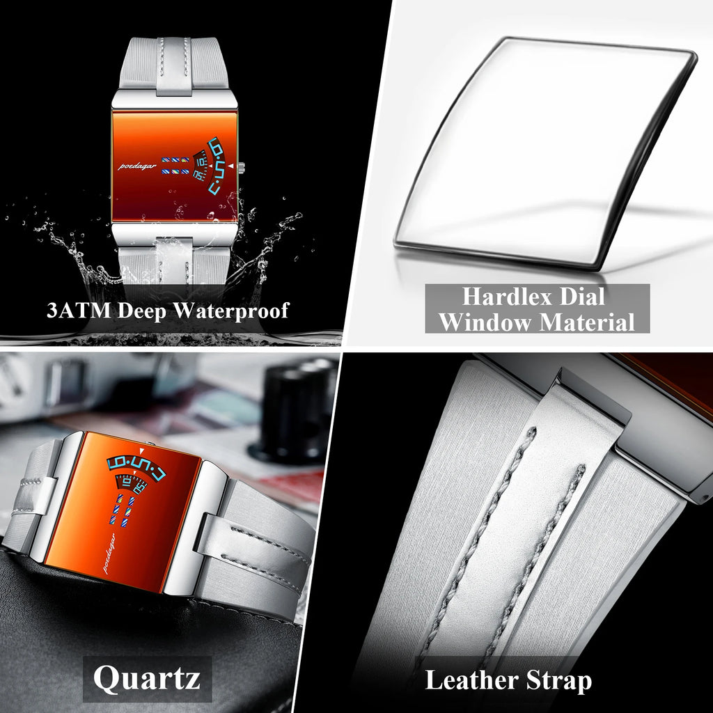 Poedagar 857 Luxury Men Watch Leather Strap Red Mirror Dial Quartz Wristwatch Waterproof Daily Wear Watch for Men Factory Direct