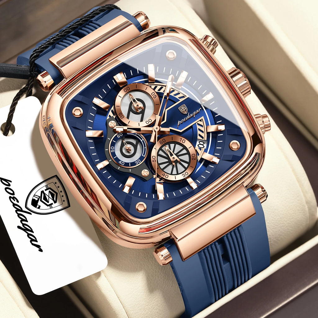 POEDAGAR 849 Men's Quartz Chronograph Watch 3ATM Waterproof Square Case Silicone Strap Fashion Sport Wristwatch