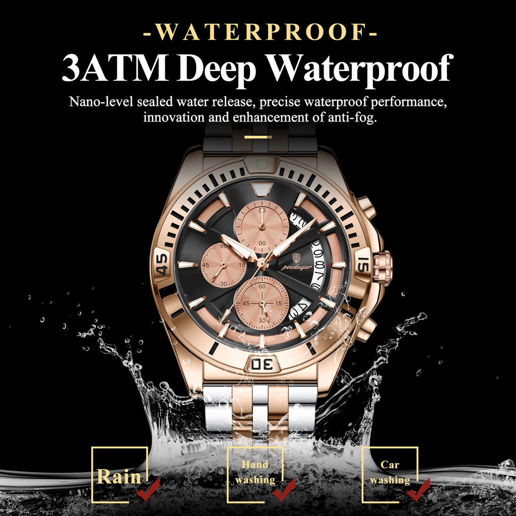 Poedagar 695 Men Dress Quartz Watches Stainless Steel Hollow Dial Daily Wear Outdoor Casual Luminous Chronograph Herrenuhr
