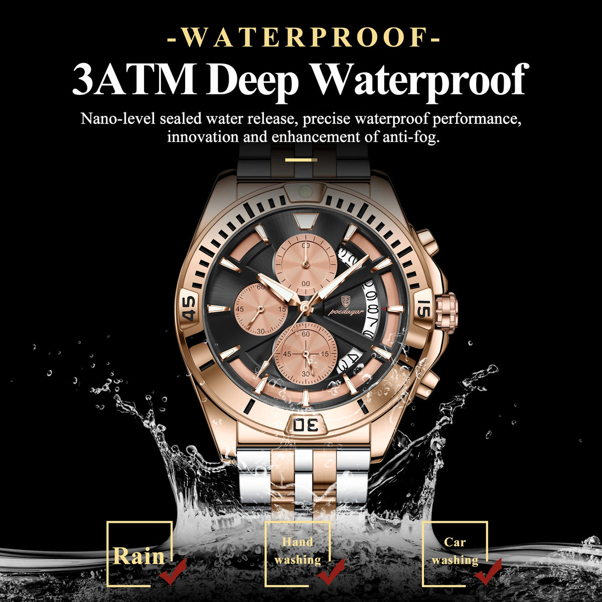Poedagar 695 Men Dress Quartz Watches Stainless Steel Hollow Dial Daily Wear Outdoor Casual Luminous Chronograph Herrenuhr