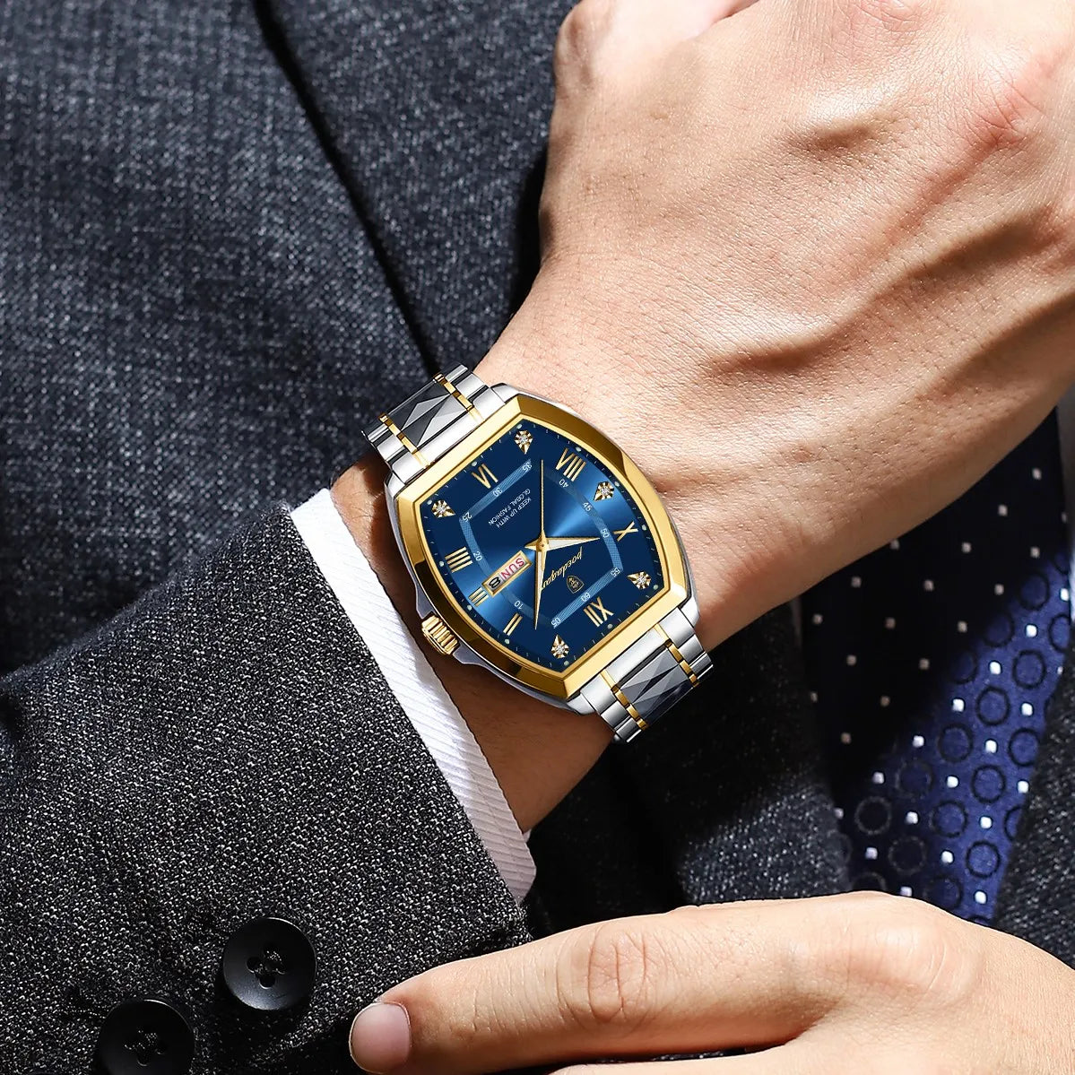 Poedagar 958 Men's Quartz Watch Luxury Tonneau Case Date Week Stainless Steel Wristwatch Waterproof Luminous Watch for Men