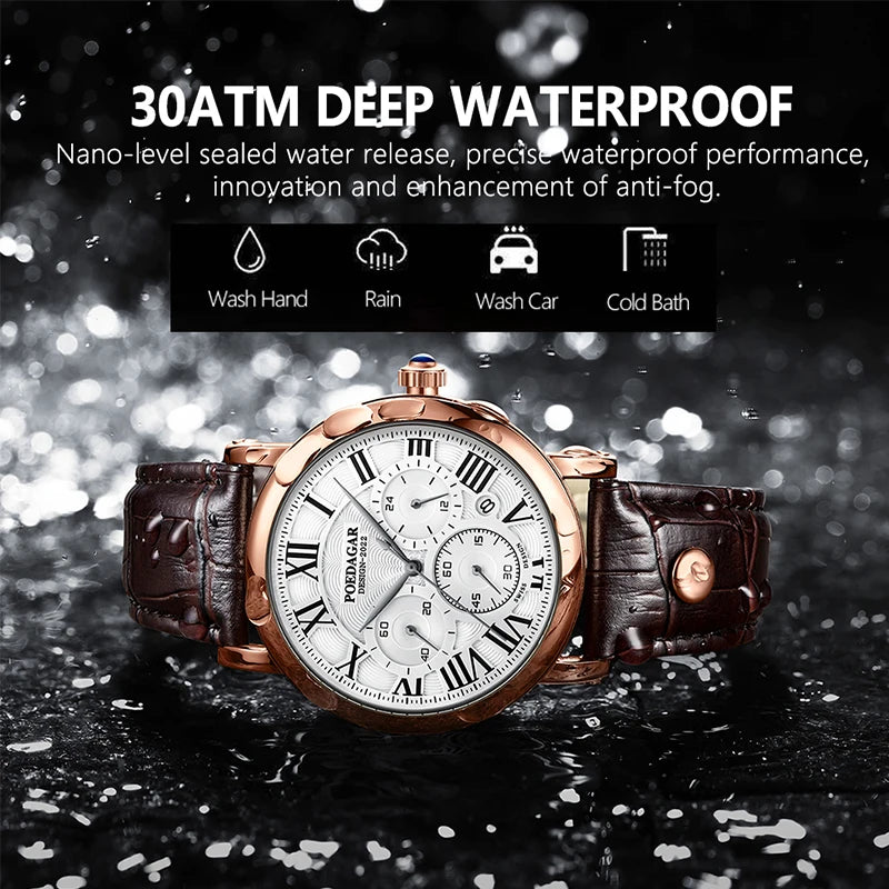 Poedagar Fashion Chronograph Men WatchCasual Leather Quartz Watches Waterproof Watches Men Wrist Calendar Watch for Men
