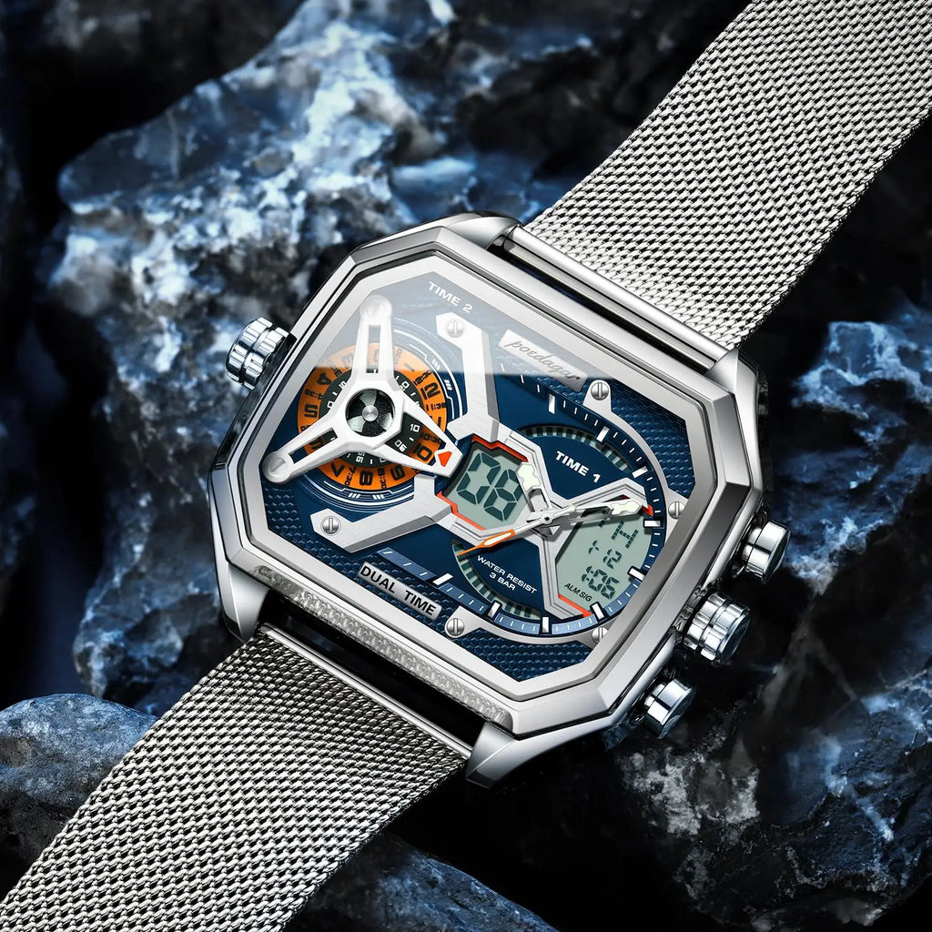 Poedagar Luxury Square Wrist Watch for Men Stainless Steel Mesh Strap Quartz Watches Waterproof Chronograph Mens Watch