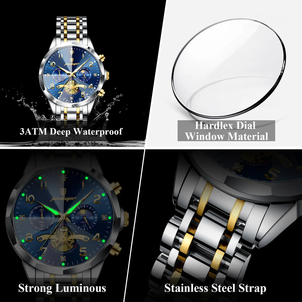 Poedagar 939 Men's Luxury Stainless Steel Chronograph Quartz Watch Waterproof Luminous Watch for Men