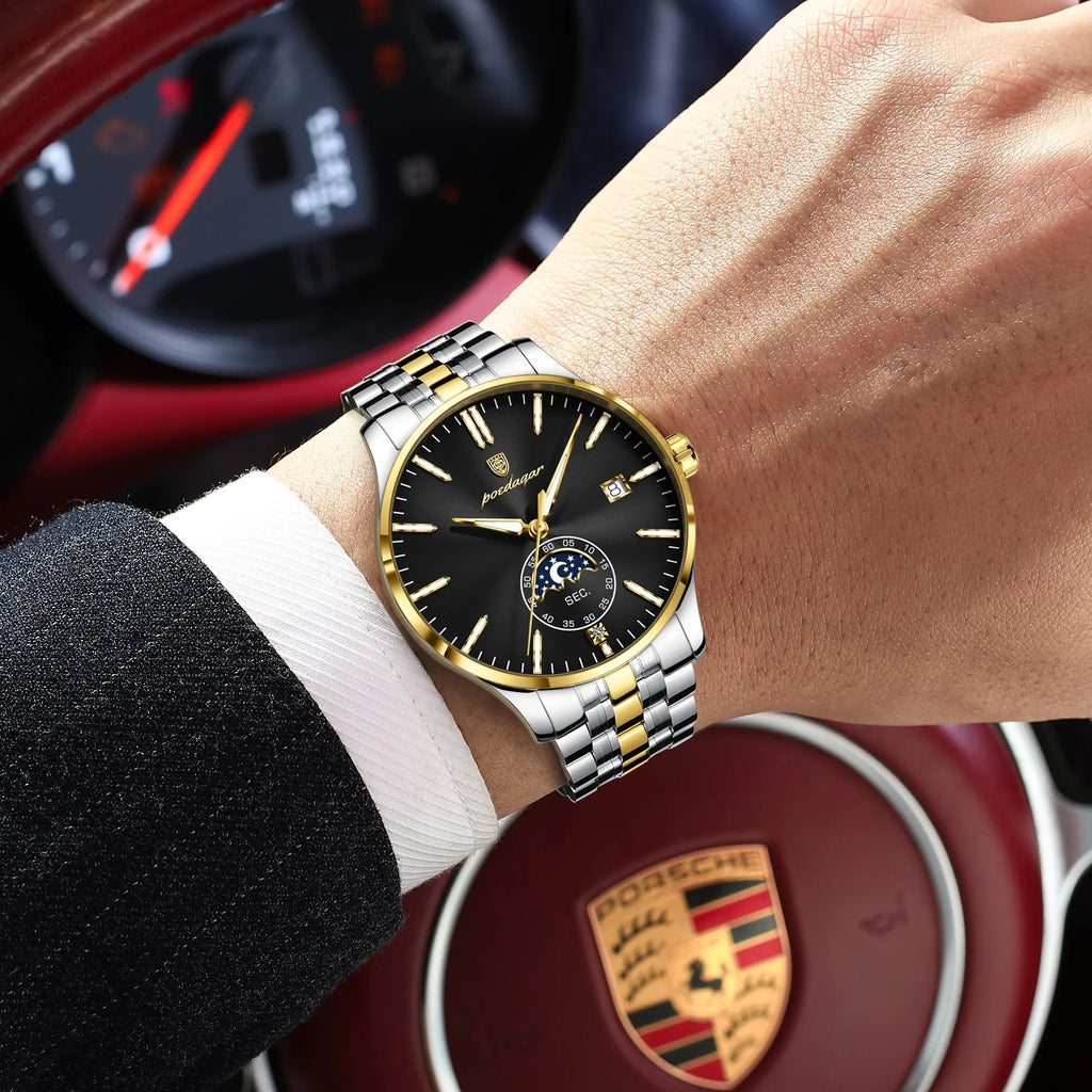 Poedagar 854 Luxury Mens Wristwatch Moon Phase Calendar Watch Stainless Steel Bracelet Montre Waterproof Business Watch for Men
