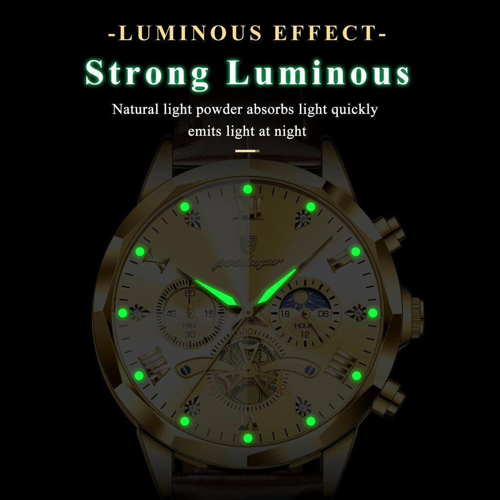 Watch for Men Luxury Poedagar 938 All Gold Dial Reloj Leather Strap Chronograph Quartz Watches Luminous Waterproof Men's Watch