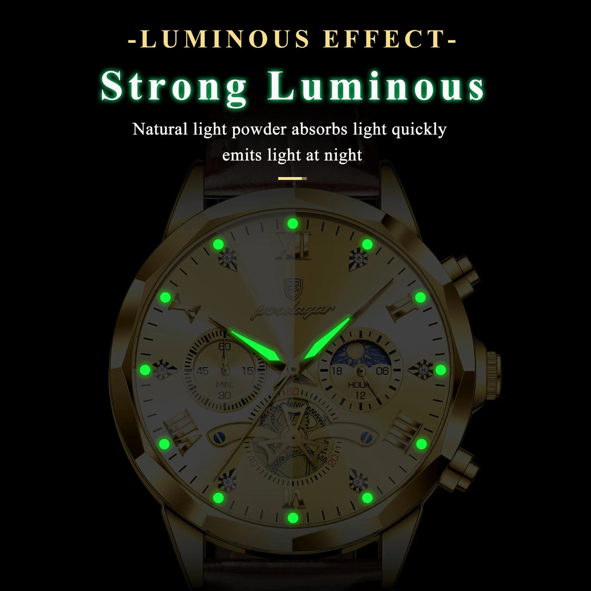 Watch for Men Luxury Poedagar 938 All Gold Dial Reloj Leather Strap Chronograph Quartz Watches Luminous Waterproof Men's Watch