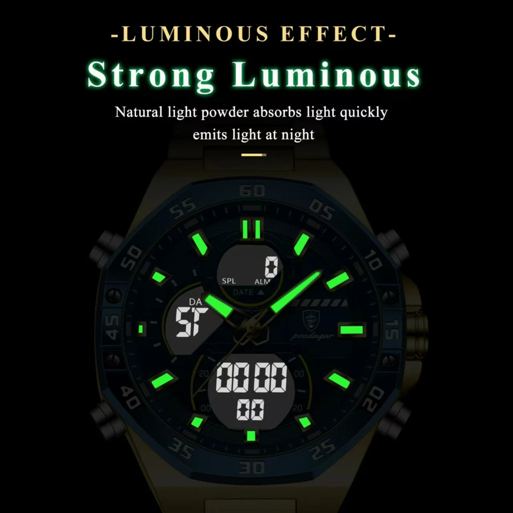 Poedagar E101 New Men Digital Watch LED Dual Time Display Waterproof Stainless Steel Electronic Quartz Men's Watches