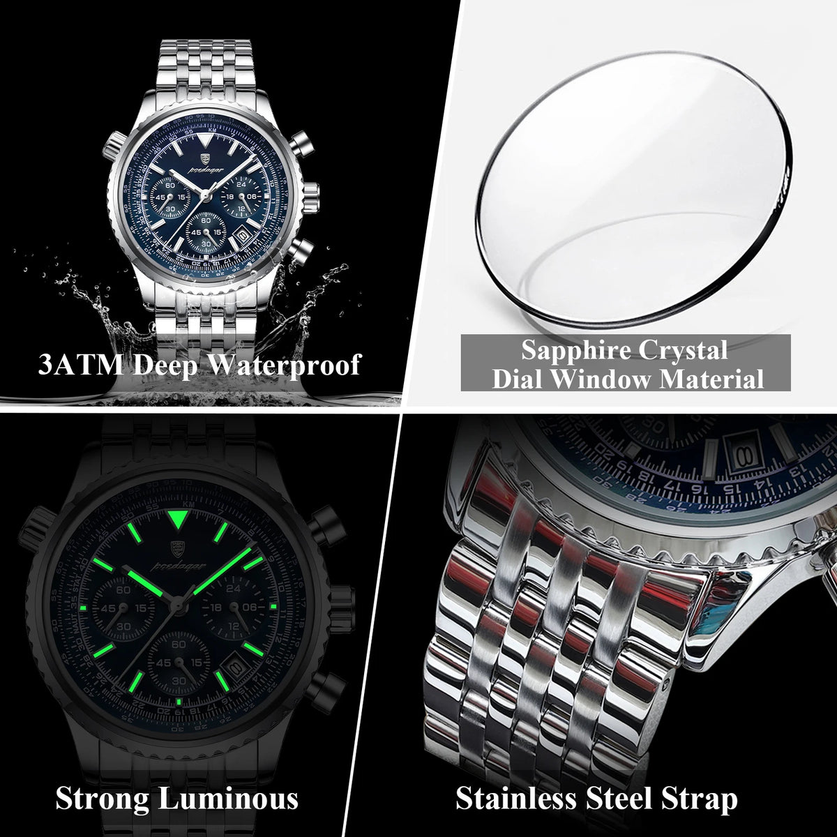 Poedagar 960 Luxury Men Watch 3-Eye Chronograph Stainless Steel Quartz Wristwatch Luminous Date Sport Business Casual Waterproof