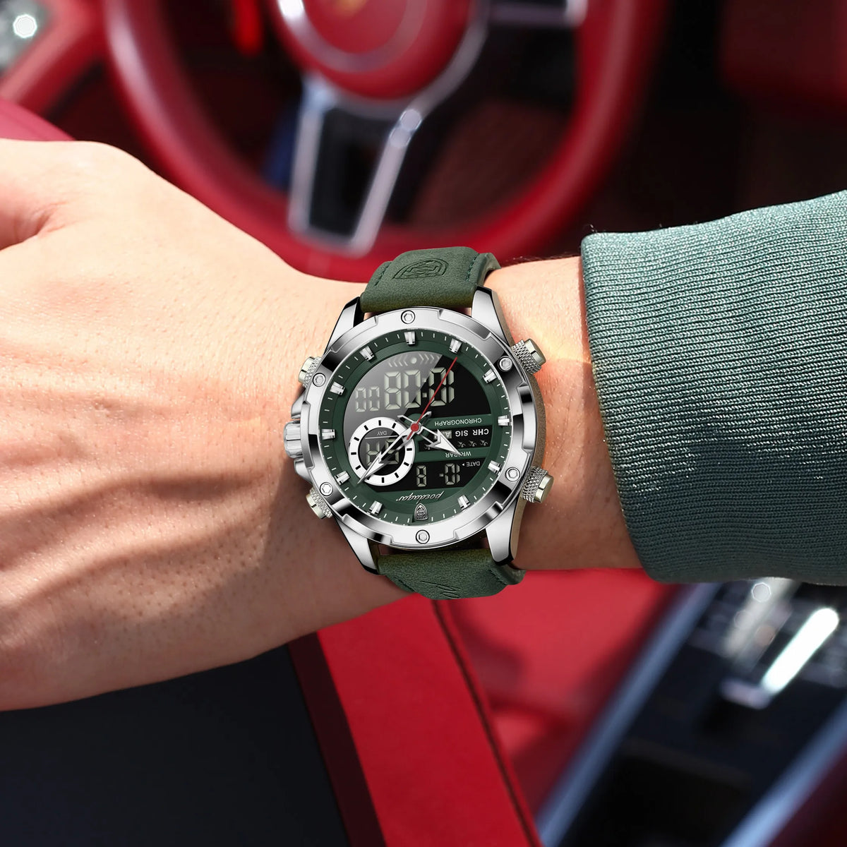 Poedagar E129 Mens Chronograph Watches Original Dual Display Quartz Watch Luxury Leather Strap Luminous Waterproof Watch for Men