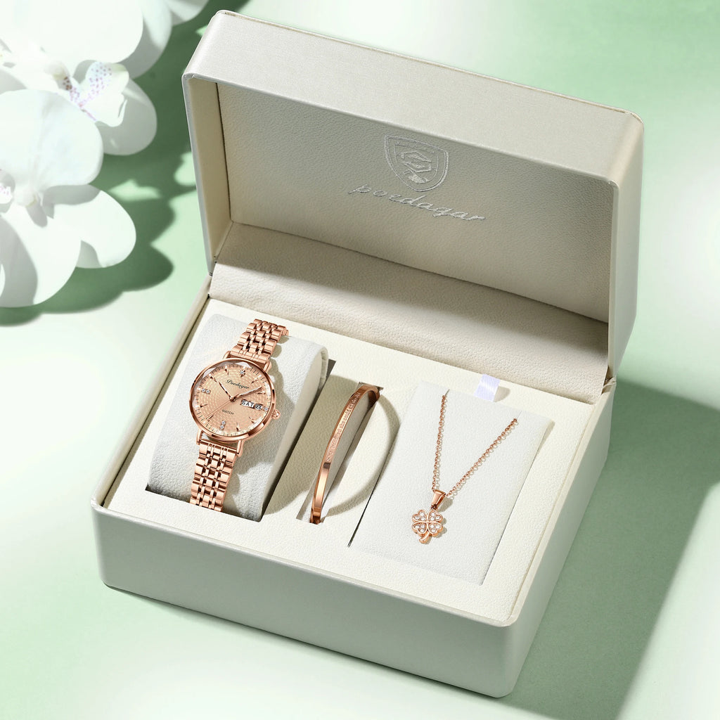 Poedagar 312 Luxury Ladies Watch & Bracelet Gift Set Waterproof Date Week Quartz Women's Watches Stainless Steel Watch for Girl