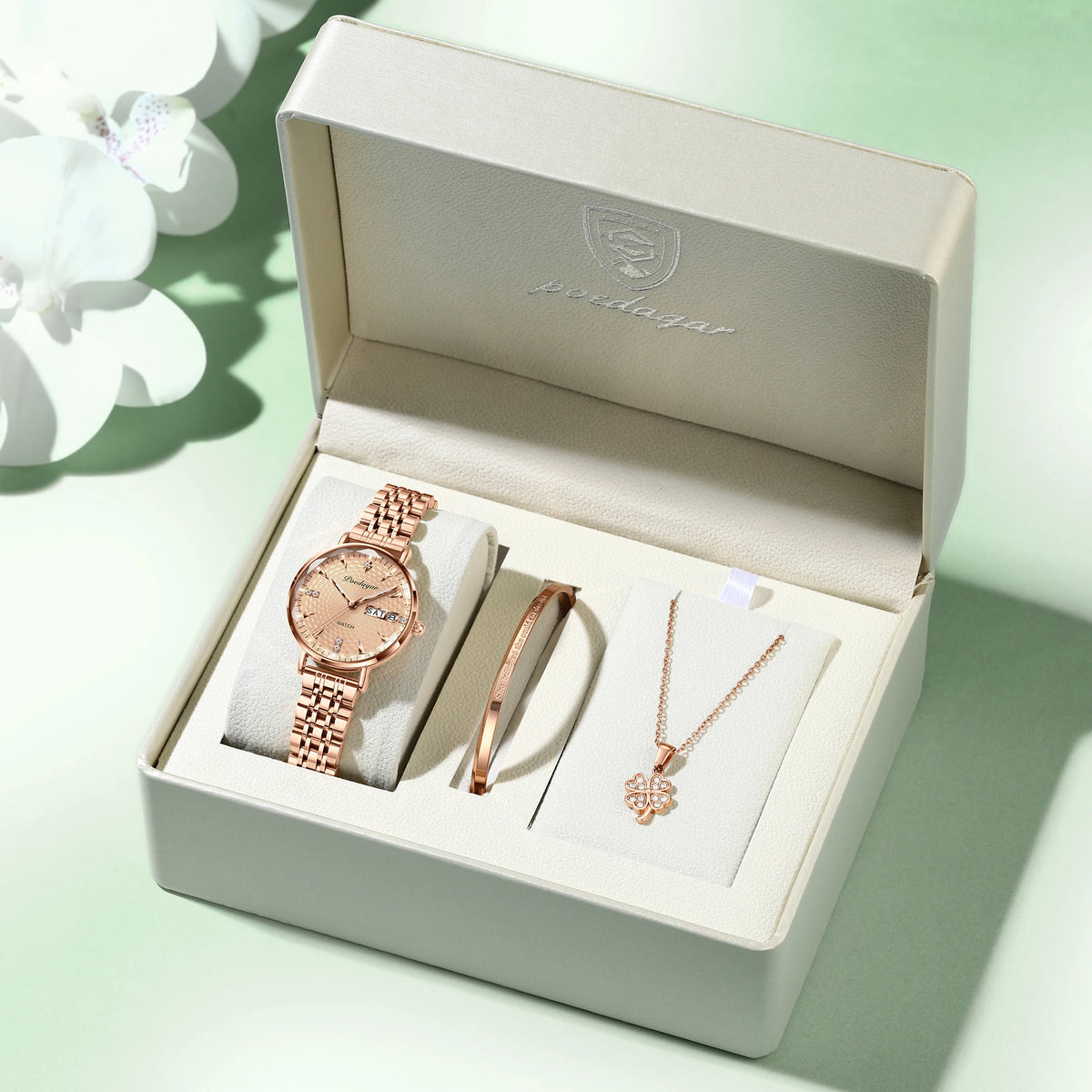 Poedagar 312 Luxury Ladies Watch & Bracelet Gift Set Waterproof Date Week Quartz Women's Watches Stainless Steel Watch for Girl