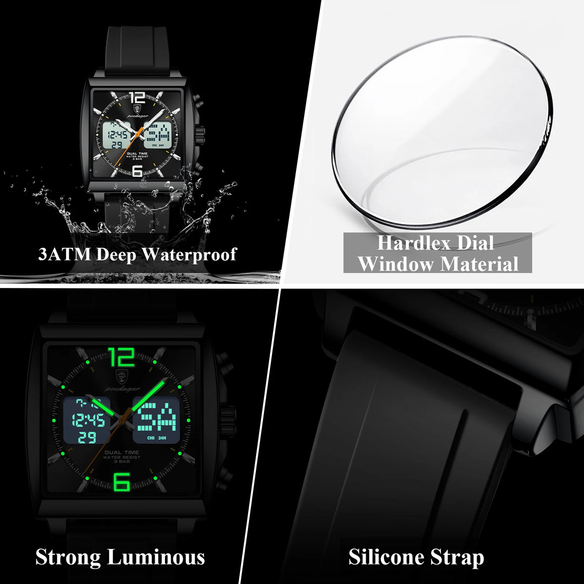 Poedagar E109 Men's Watch Dual Display Multifunctional Chronograph Silicone Strap Waterproof Luminous Alarm Quartz Watches