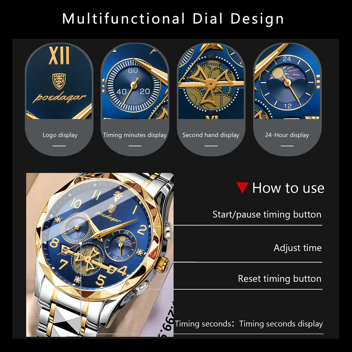 Poedagar 972 New Arrivals Fashion Luxury Men Watch Stainless Steel Wristwatch Waterproof Luminous Quartz Watches for Men