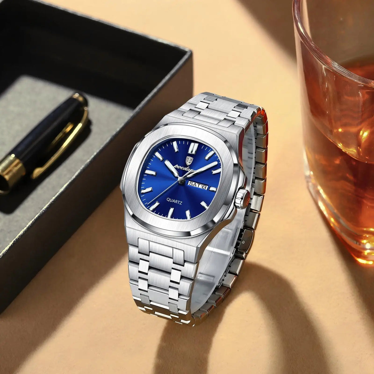 POEDAGAR 853 Reloj Watch for Men Luxury Stainless Steel Quartz Waterproof Calendar Men Wrist Watch