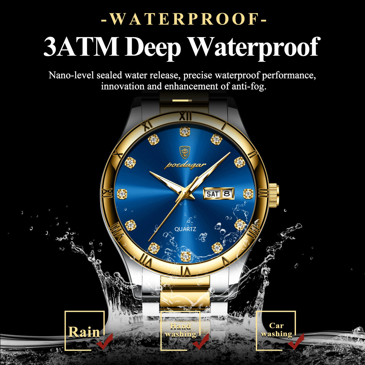 Poedagar 878 Stainless Steel Bracelet Reloj Gold Dial Men Watches Waterproof Luminous Quartz Watches for Men