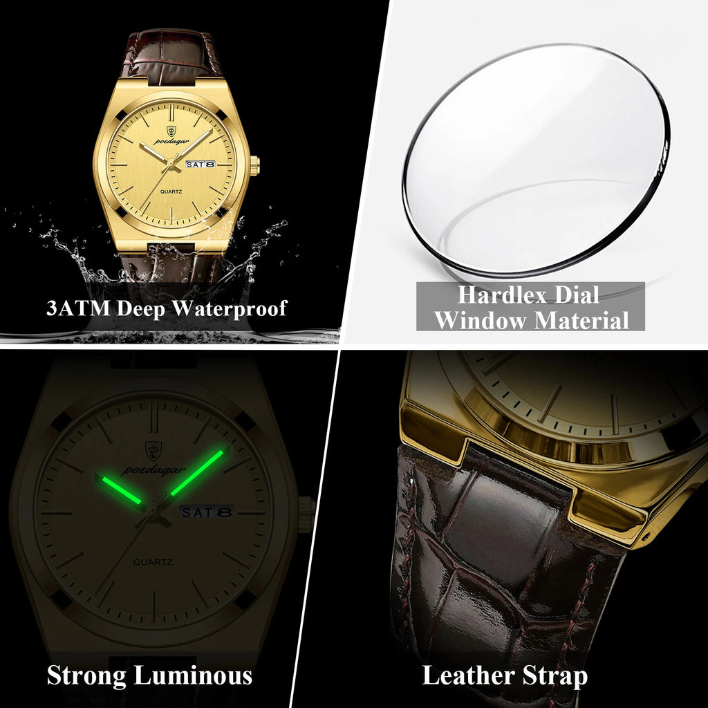 Poedagar 930 Men's Watches Luxury Leather Strap Watch Waterproof Fashion Reloj Luminous Quartz Wristwatch for Men Fast Track