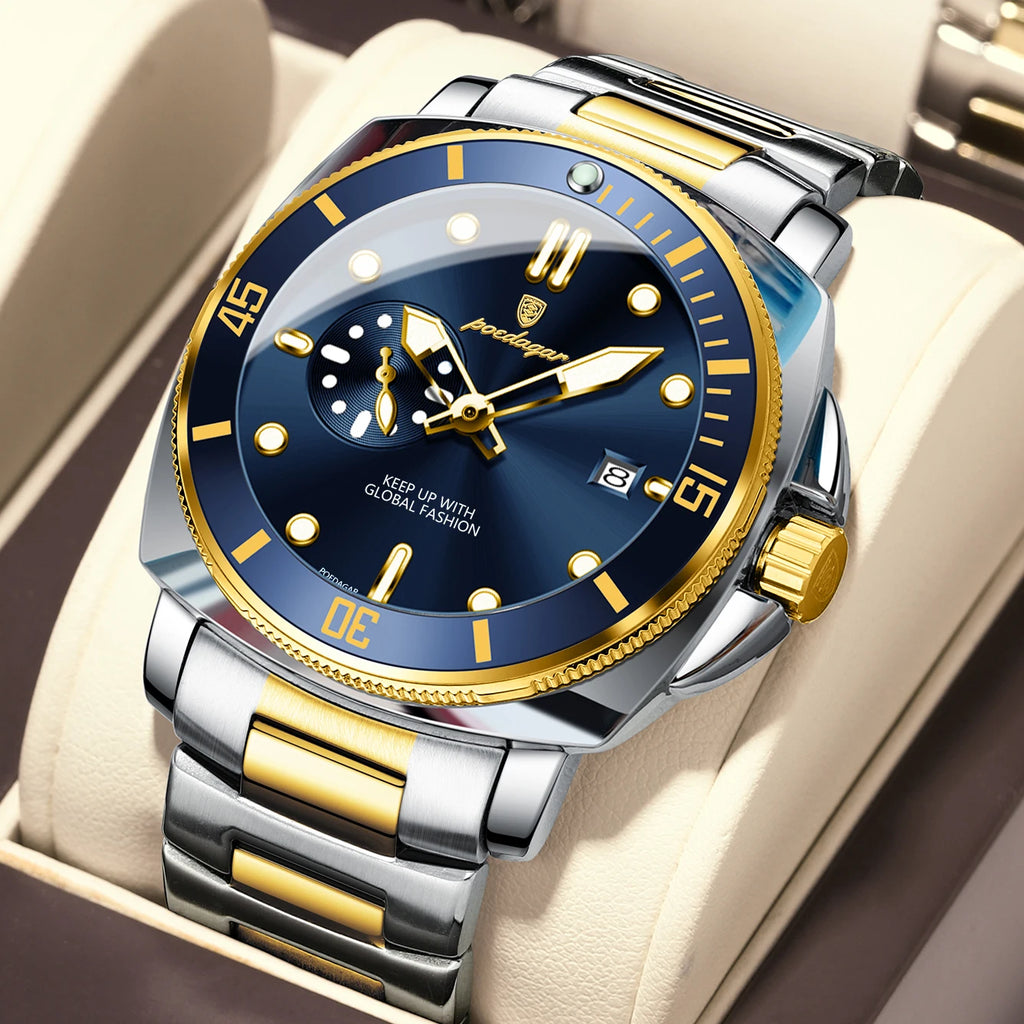 Poedagar 873 Two Tone Men Luxury Cushion Case Sport Watch Moon Phase Luminous Steel Waterproof Factory Wholesale Reloj Hombre