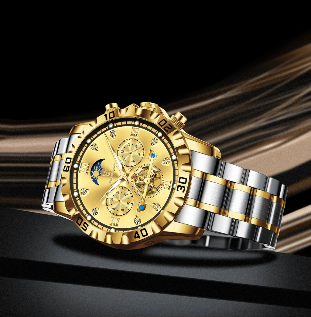 Poedagar 634 Classic Men's Chronograph Watch All Gold Stainless Steel Luminous Waterproof Quartz Watch for Men Business Reloj