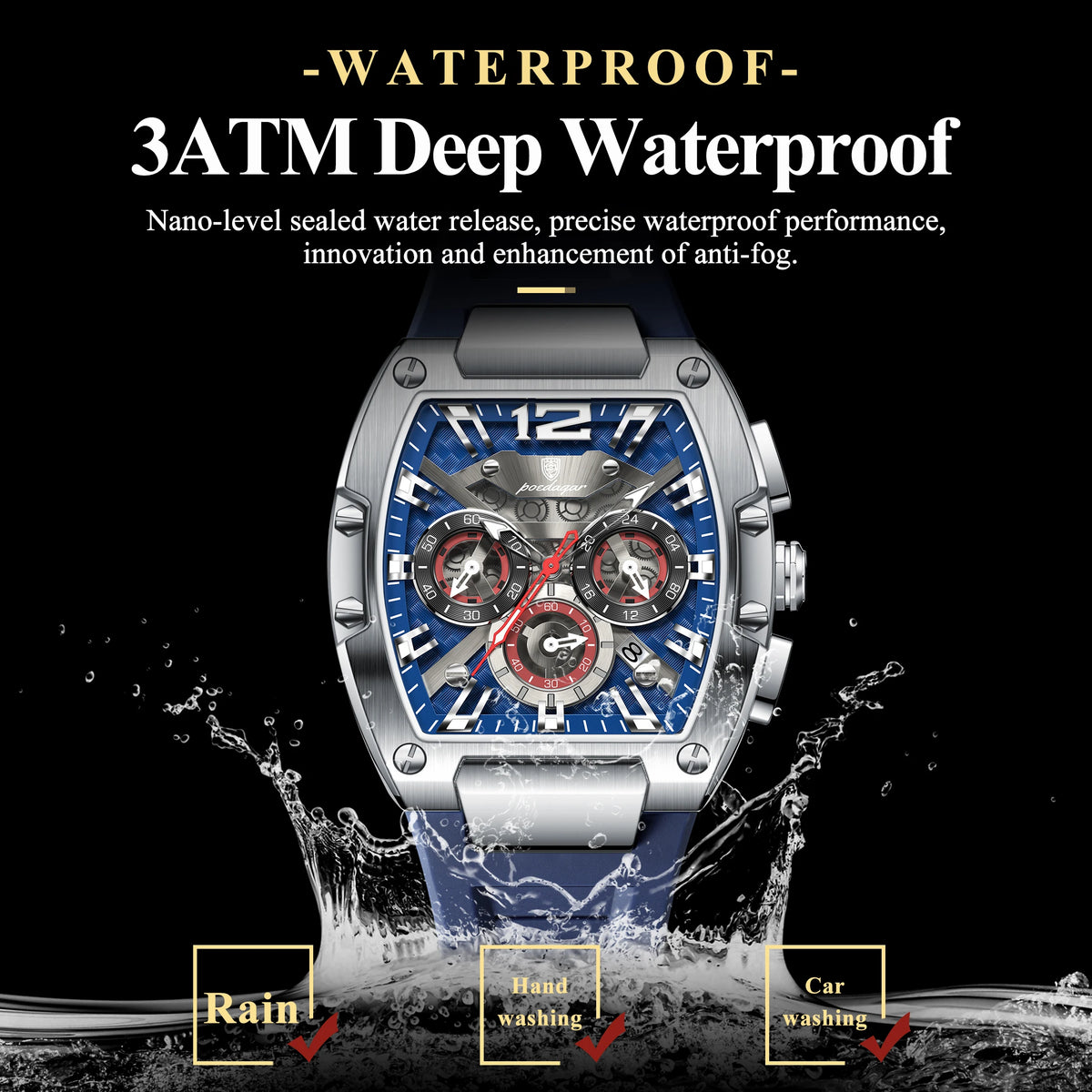 Poedagar 9051 Luxury Sport Multifunctional Waterproof Silicone Strap Men Chronograph Quartz Watch