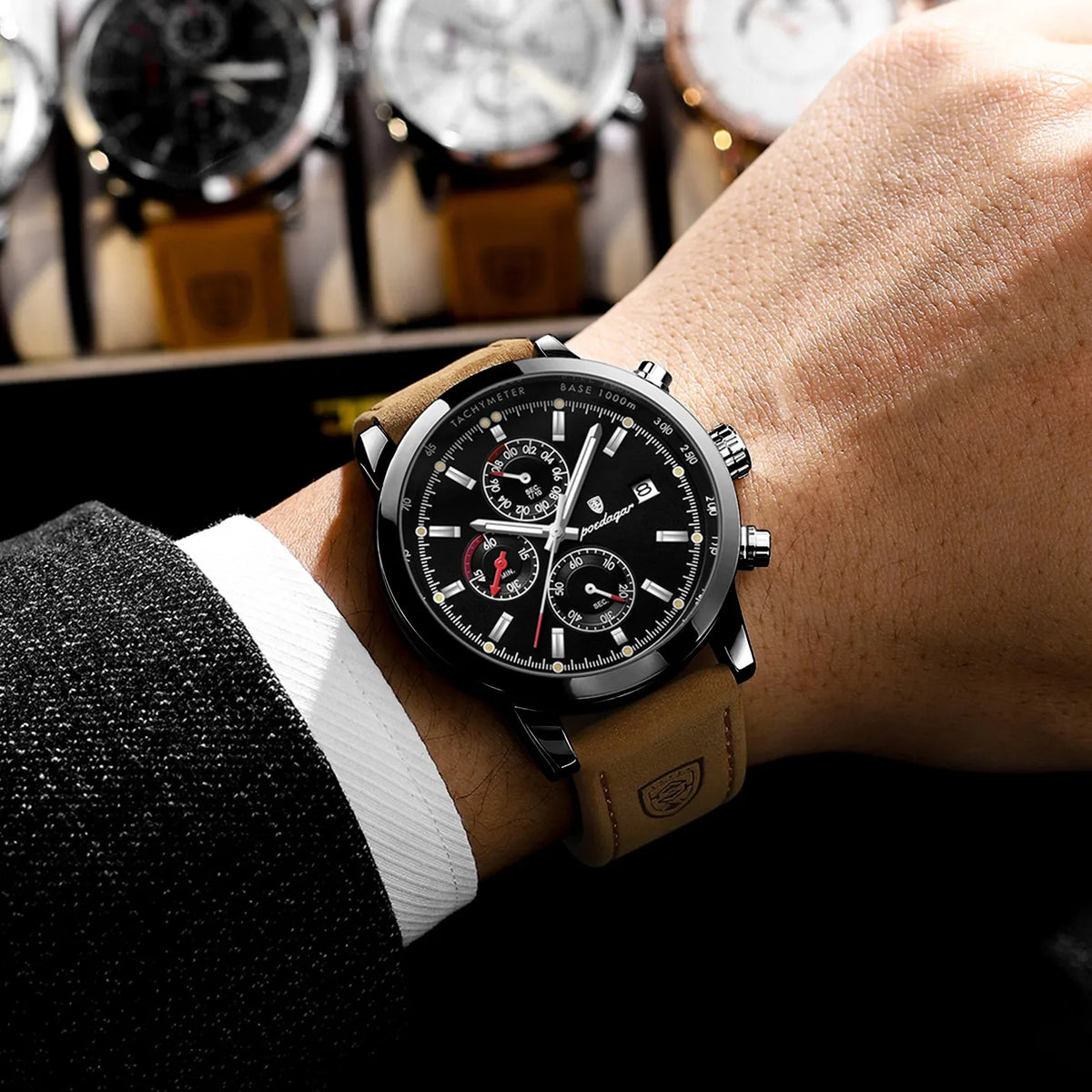 Poedagar 932 Luxury Men's Watch Leather Strap Waterproof Quartz Watches Luminous Chronograph Wristwatch for Men Montre Homme