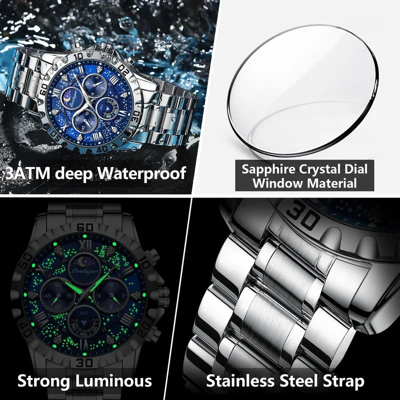 Poedagar New Fashion Mens Watches Stainless Steel Chronograph Quartz Wristwatch Waterproof Luminous Watch for Men