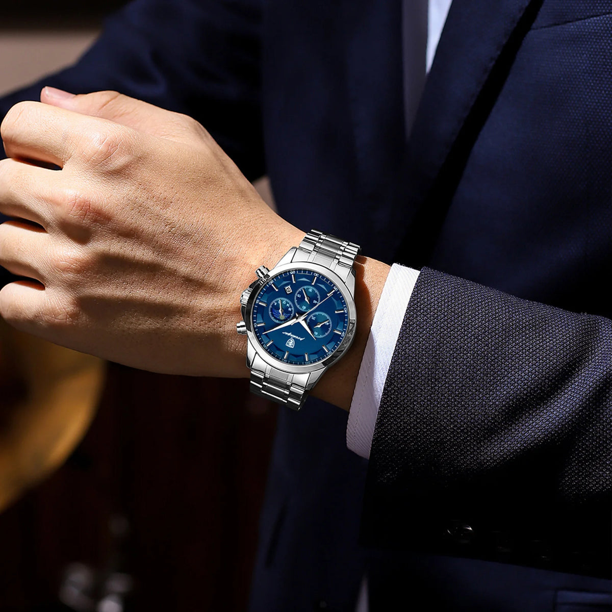 Poedagar 928 Luxury Men Watch Moon Phase Chronograph Relief Dial Stainless Steel Luminous Waterproof Business Sport Quartz Watch