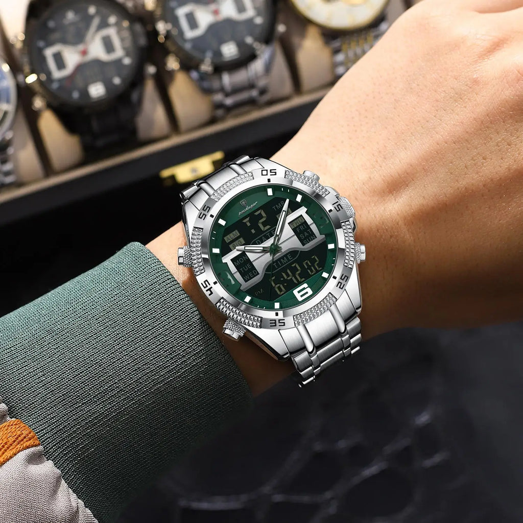 Poedagar New Digital Wrist Watch 3 ATM Water Resistant Multi Function Dual Display Steel Strap Men Montre Homme