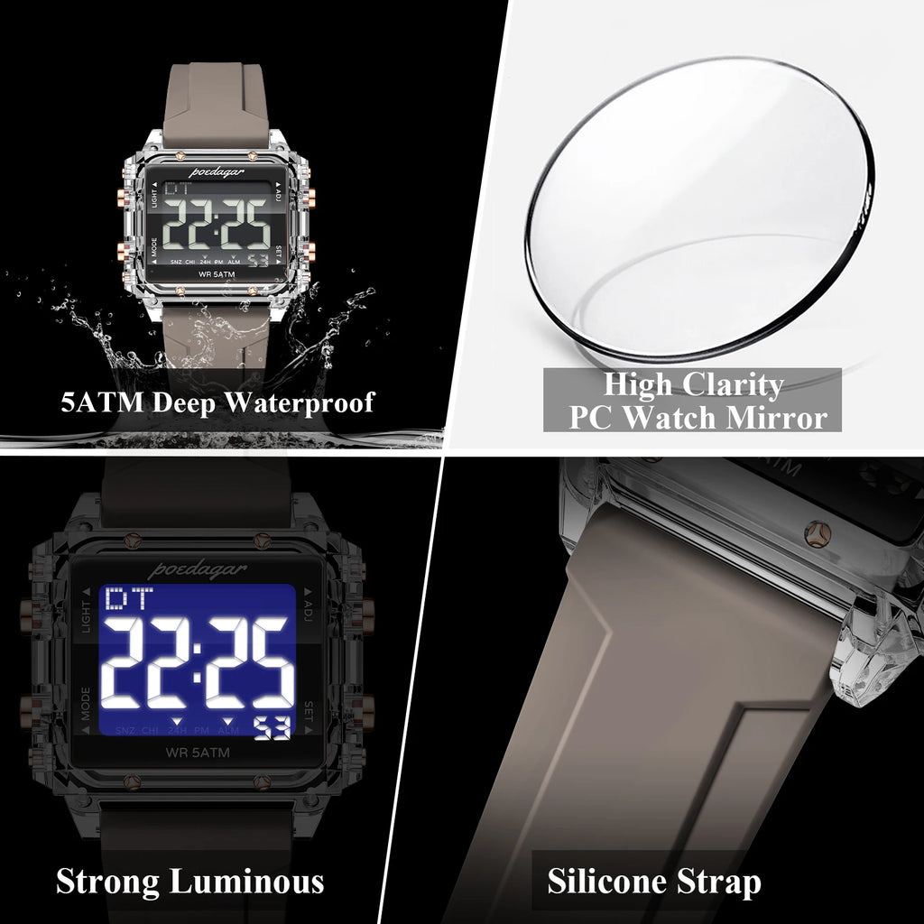 Poedagar E123 Men Digital Sports Watch LED Display 50M Waterproof Multifunction Electronic Casual Trendy Wristwatch Jam Tangan