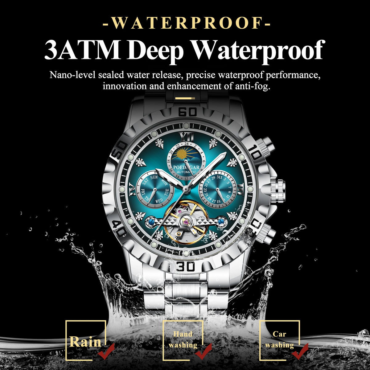 Poedagar 1423 Luxury Men's Mechanical Watch Hollow Tourbillon Stainless Steel Automatic Wristwatch Waterproof Luminous Montre