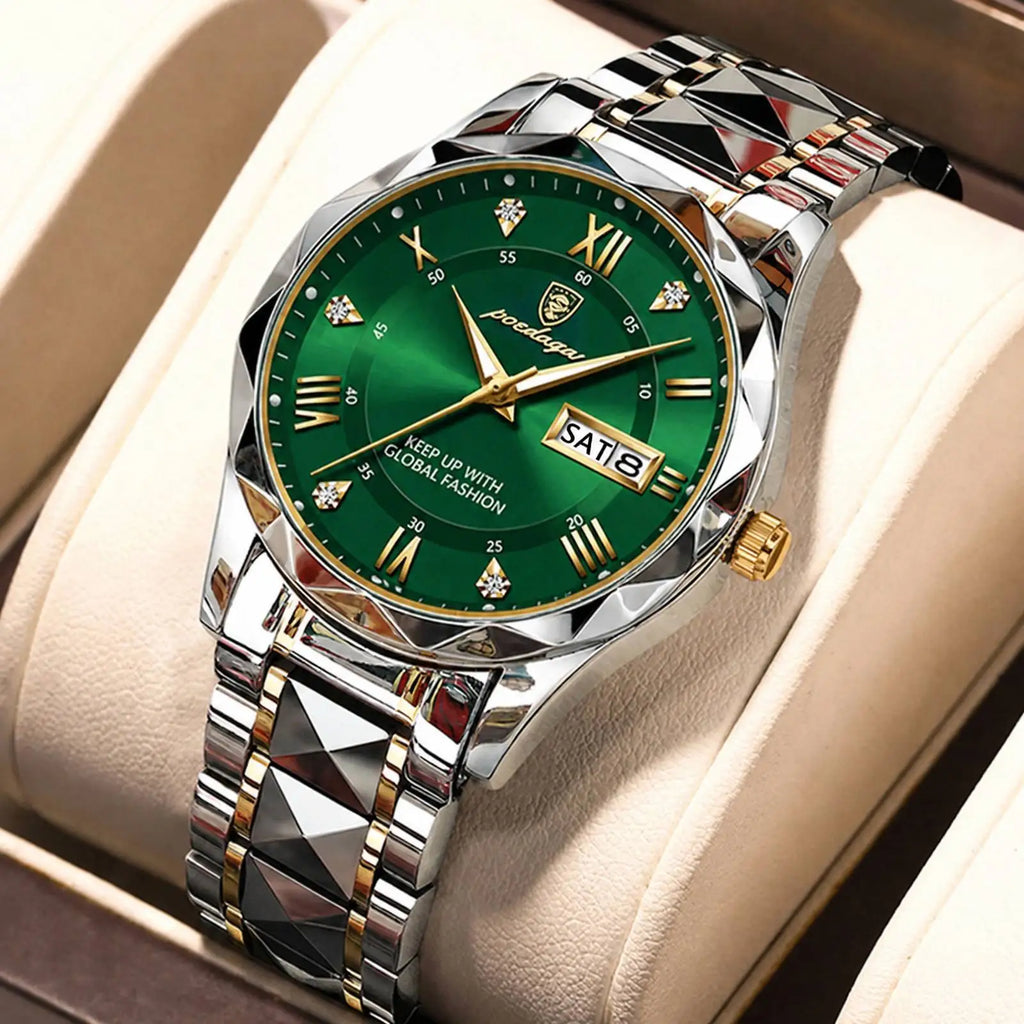 Poedagar 615 Luxury Men's Watches Green Dial Waterproof Luminous Date Week Quartz Watch for Men Stainless Steel Male Reloj