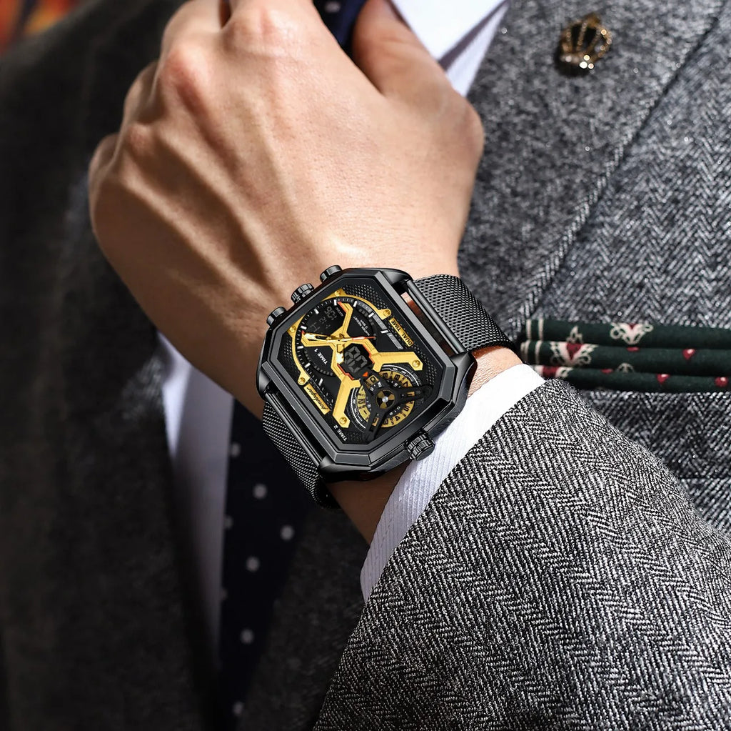 Poedagar E106 Luxury Mens Watch Square Stainless Steel Mesh Strap Wristwatch for Men Waterproof Chronograph Quartz Watches Reloj