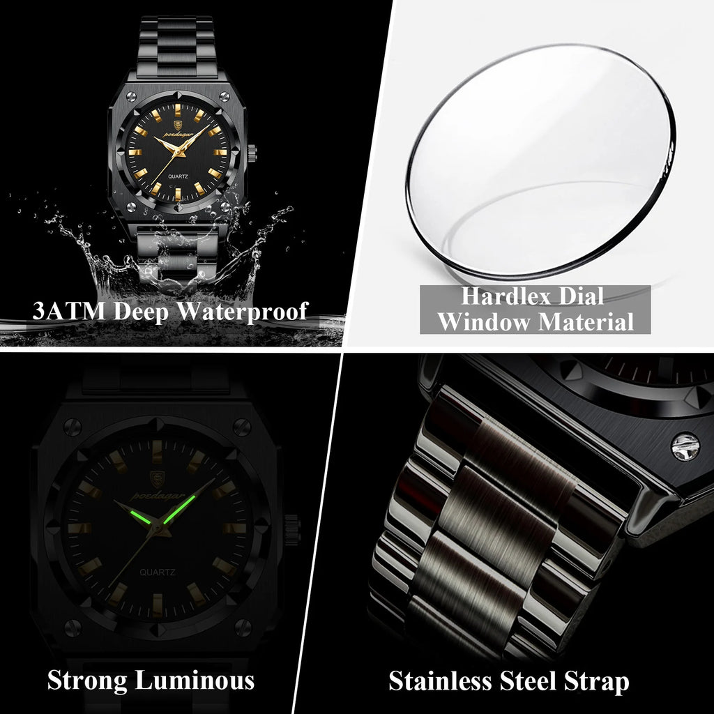 Poedagar 788 Luxury Women's Watch Black Square Case Waterproof Luminous Reloj Wristwatch Stainless Steel Quartz Watch for Women