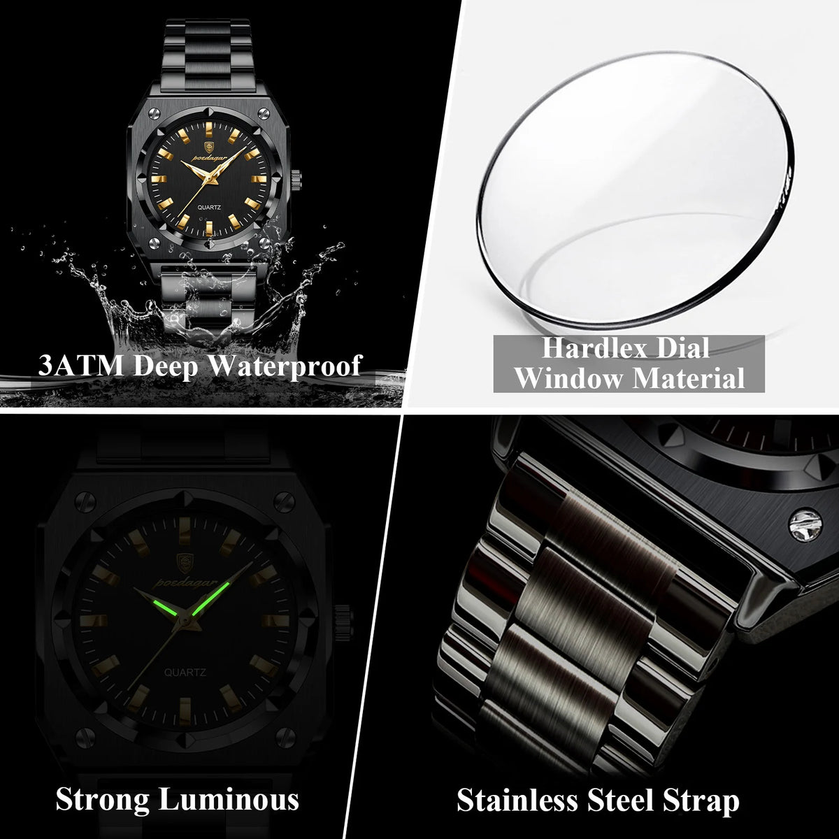 Poedagar 788 Luxury Women's Watch Black Square Case Waterproof Luminous Reloj Wristwatch Stainless Steel Quartz Watch for Women