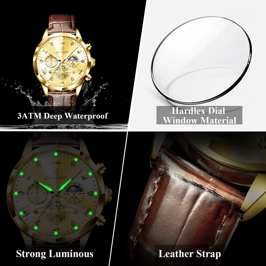 Watch for Men Luxury Poedagar 938 All Gold Dial Reloj Leather Strap Chronograph Quartz Watches Luminous Waterproof Men's Watch