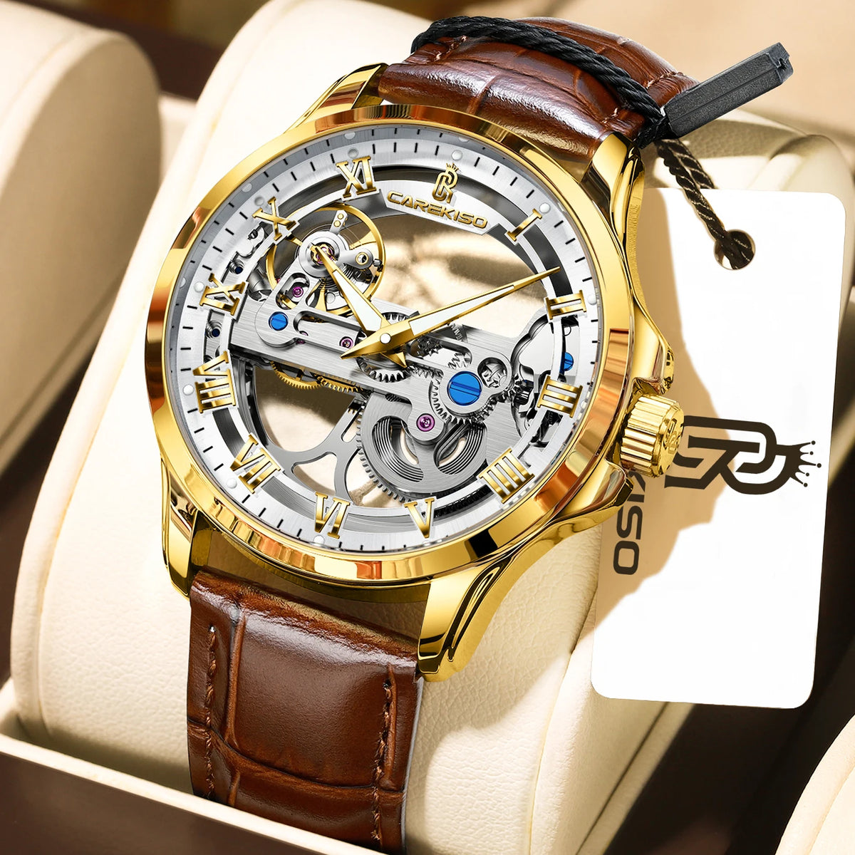 CAREKISO C124 Men Automatic Mechanical Wristwatch Waterproof Luminous Business Watch with Genuine Leather Strap
