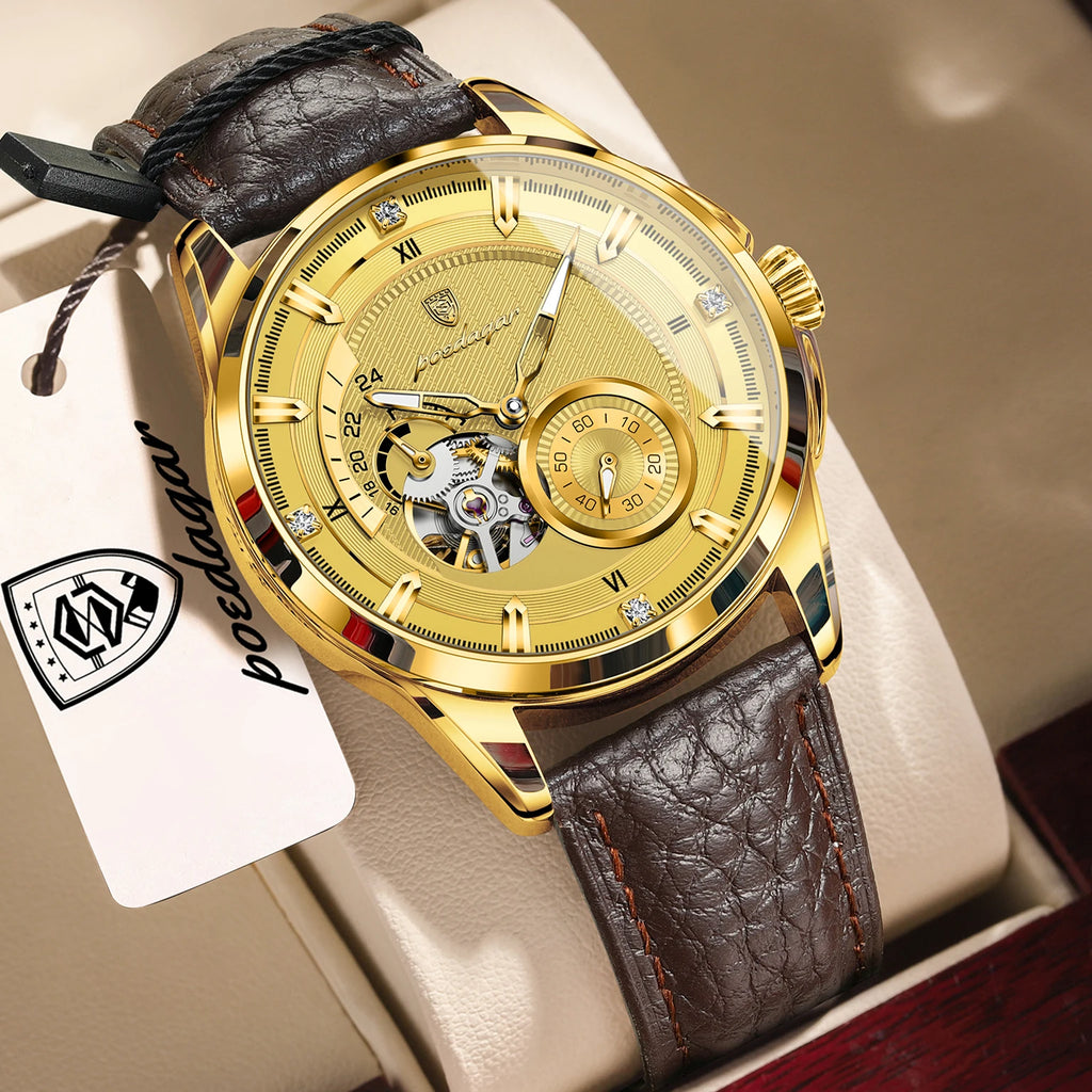 Poedagar 1427 Men's Mechanical Watch Luxury Leather Strap Luminous Reloj Hombre 3ATM Waterproof Automatic Wristwatch for Men