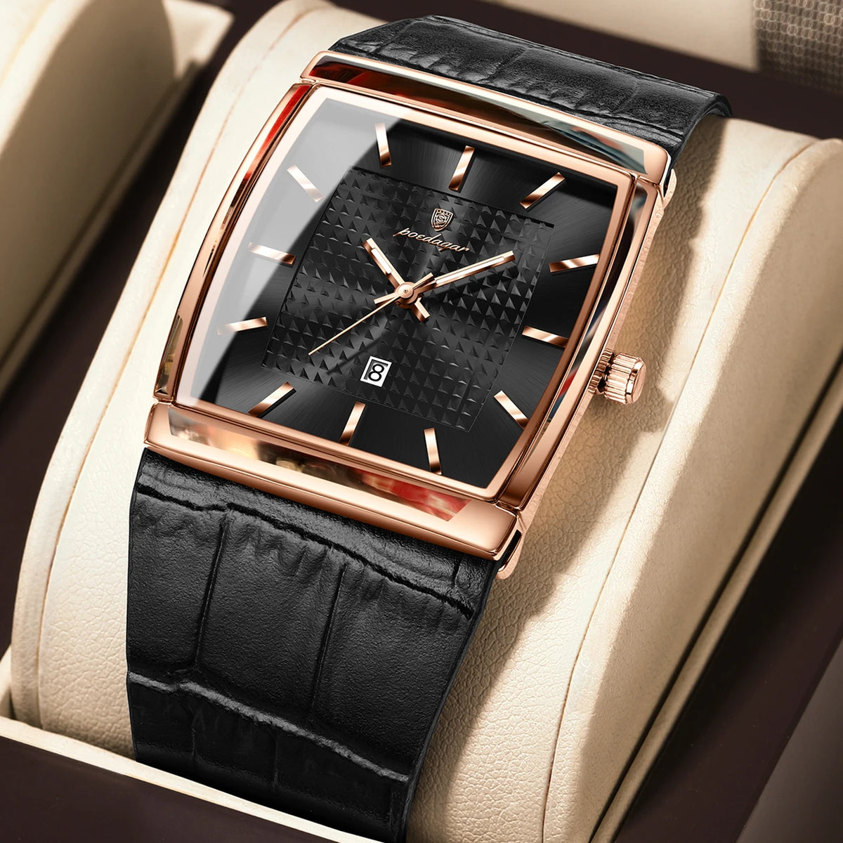 Poedagar 885 Men's Leather Quartz Watch Luminous Date Display Waterproof Luxury Fashion Watch Square Watch for Men
