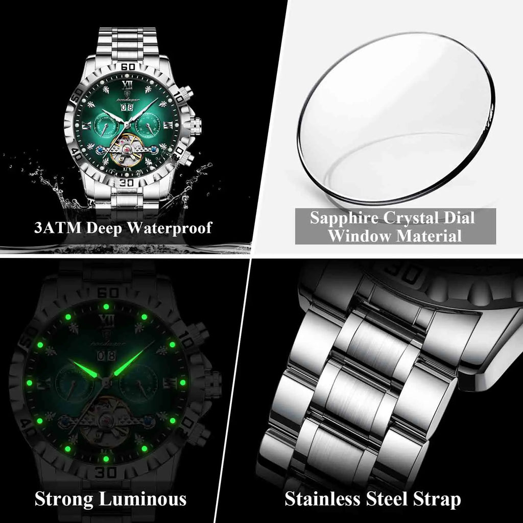 Poedagar 1418 Luxury Men's Mechanical Watch Date Waterproof Wristwatch Hollow Luminous Stainless Steel Automatic Watch for Men