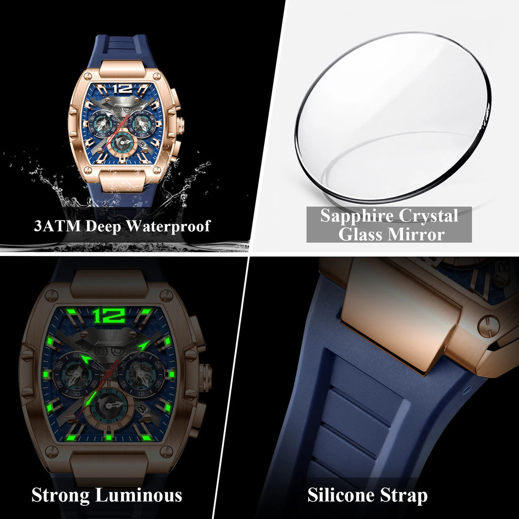 Poedagar 9051 Luxury Mens Sport Watch Tonneau Case Silicone Strap Reloj Hombre Waterproof Quartz Watch for Men Factory Direct