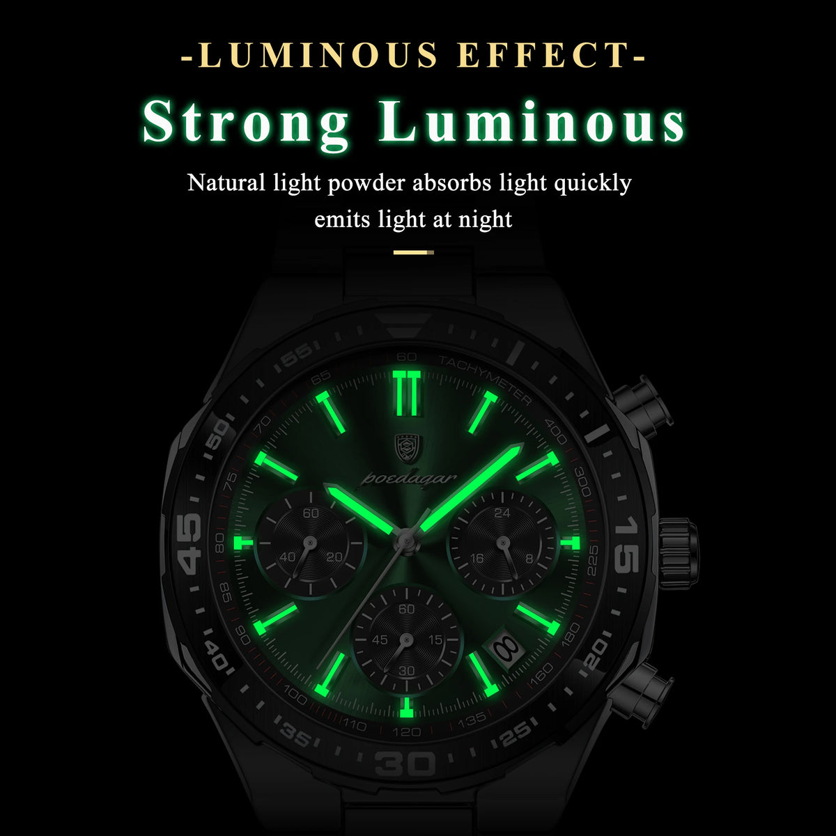 Poedagar 697 Men's Chronograph Watch Luxury Malachite Green Dial Tachymeter Luminous Date Waterproof Original Factory Wholesale