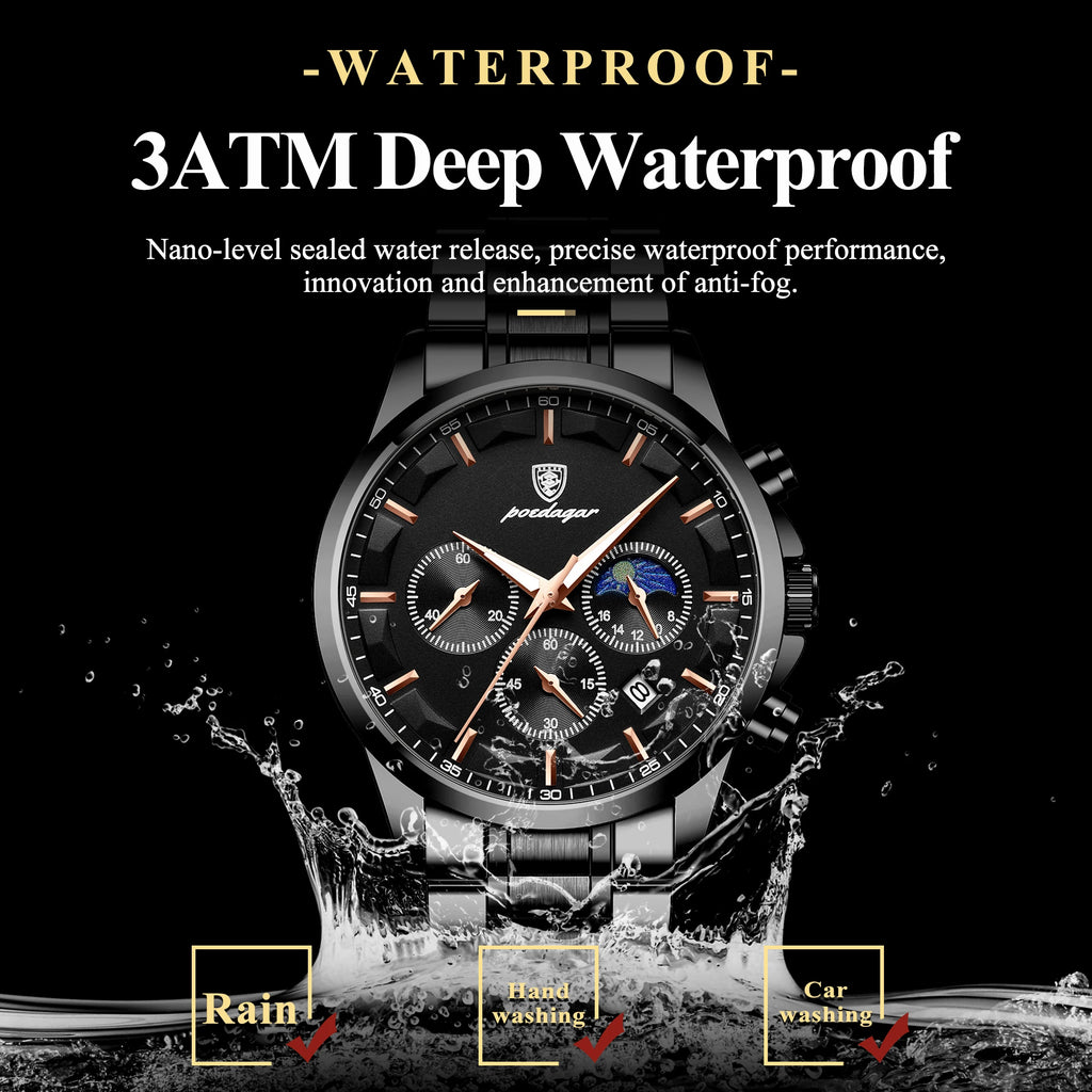 Ready to Ship Poedagar 928 Men Watch Luxury Moon Phase Chronograph Relief Dial Stainless Steel Luminous Waterproof Watch for Men