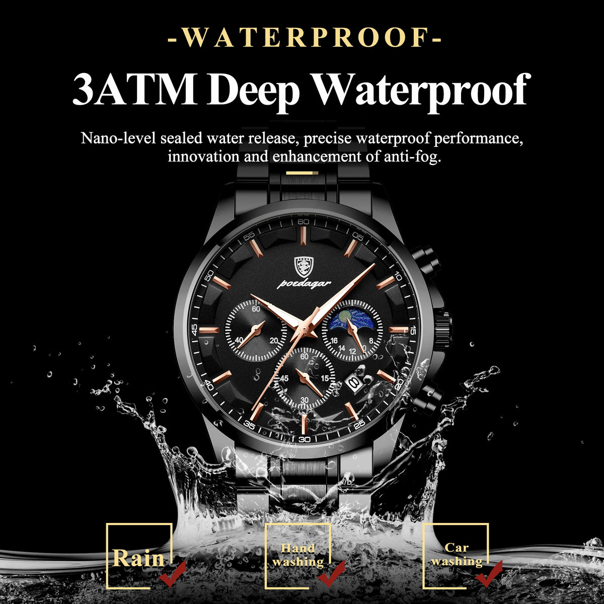 Ready to Ship Poedagar 928 Men Watch Luxury Moon Phase Chronograph Relief Dial Stainless Steel Luminous Waterproof Watch for Men